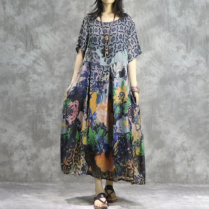 Print Vintage A-Line Short Sleeve Maxi Dress