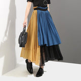 Contrasting Color Chiffon Flowy Pleated Skirt