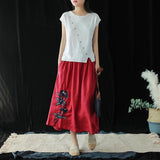 Vintage Linen Embroidery Floral A-Line Skirt