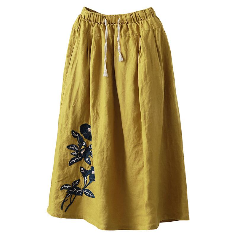 Vintage Linen Embroidery Floral A-Line Skirt