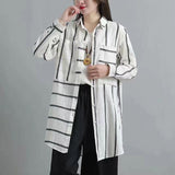Women Spring Stripe Symmetrical Pocket Shirt Dress