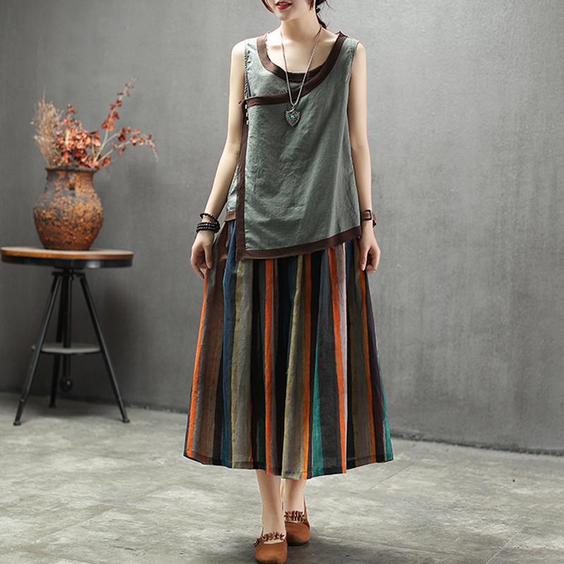 Vintage Natural Linen Striped A-Line Skirt