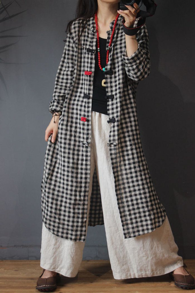 Loose Long-Sleeved Cotton Cardigan Vintage Plaid Long Shirt