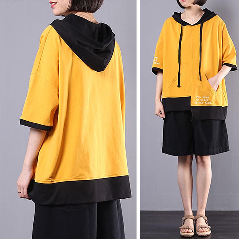 Hooded Summer Cotton Color Matching Spliced T-shirt