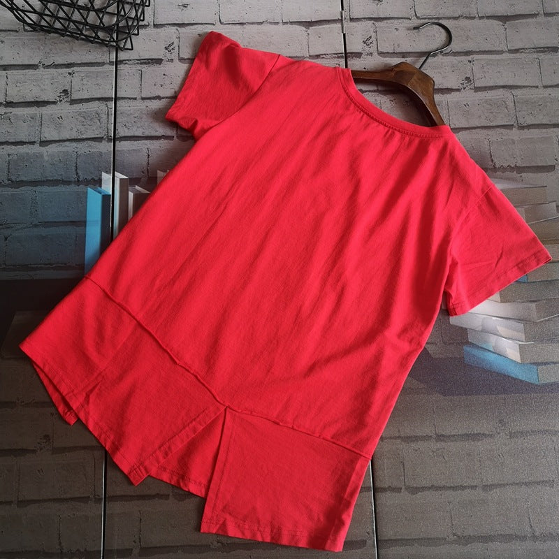 Print Girl Shredded Short Sleeves Hem Split Shirt