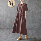Linen A-Line Loose Short Sleeve Embroidery Dress