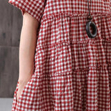 Cotton Linen Short Sleeve Plaid Dress