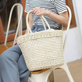 Casual Straw Solid Vertical Square Tote Bag