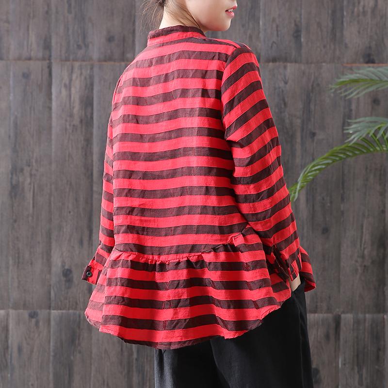 Striped Long Sleeve Stand Collar Casual Blouse