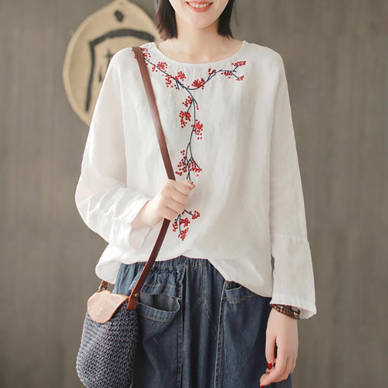 Women Spring Linen Loose Round Neck Embroidery T-Shirt