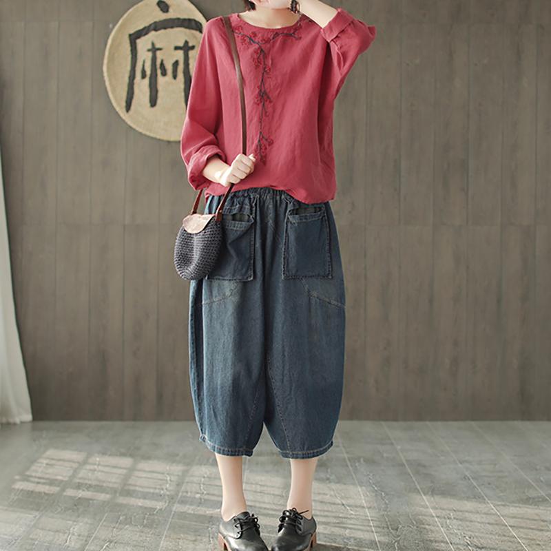 Women Spring Linen Loose Round Neck Embroidery T-Shirt