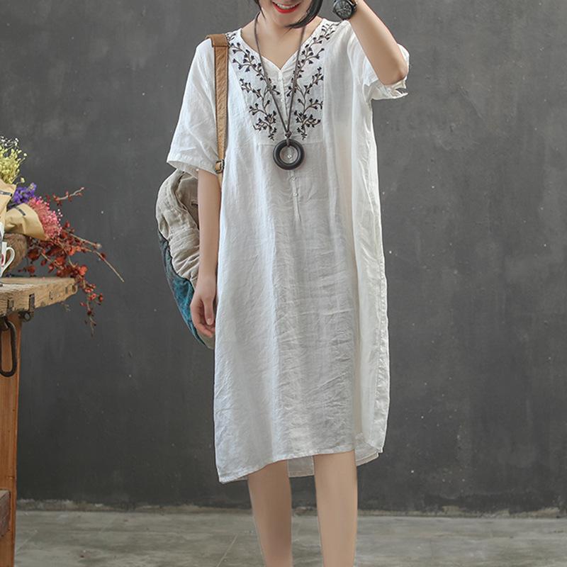 Summer Casual Loose V-Neck Embroidery Dress