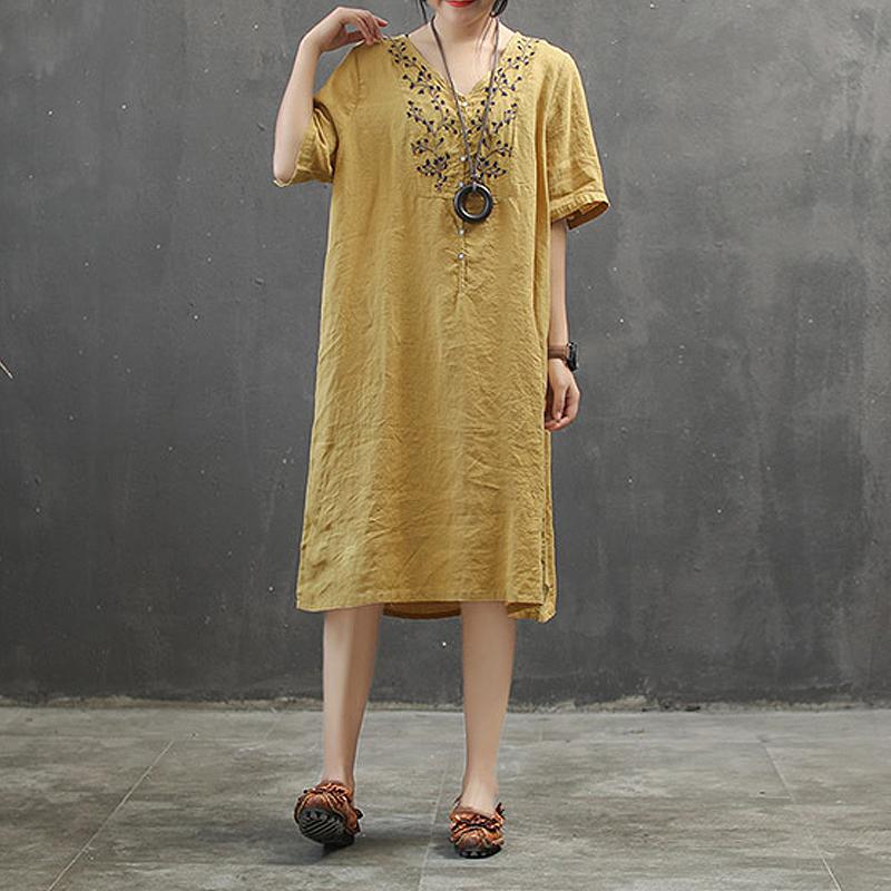 Summer Casual Loose V-Neck Embroidery Dress