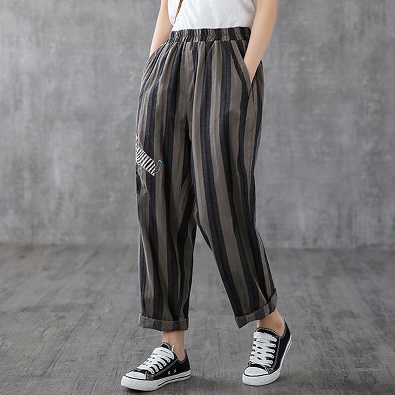 Cotton Linen Striped Ankle-Length Harem Pants