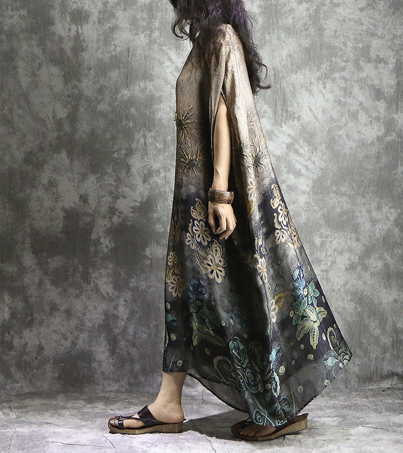 Printed Long Silk Chiffon Bat Sleeves Robe Dress