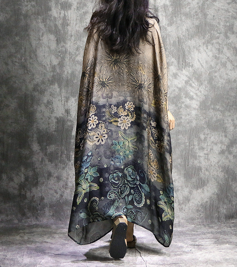 Printed Long Silk Chiffon Bat Sleeves Robe Dress