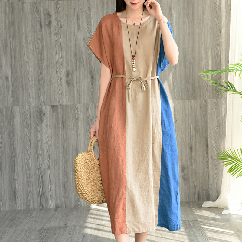 Colorblock Loose Lace Short-Sleeved Linen Dress