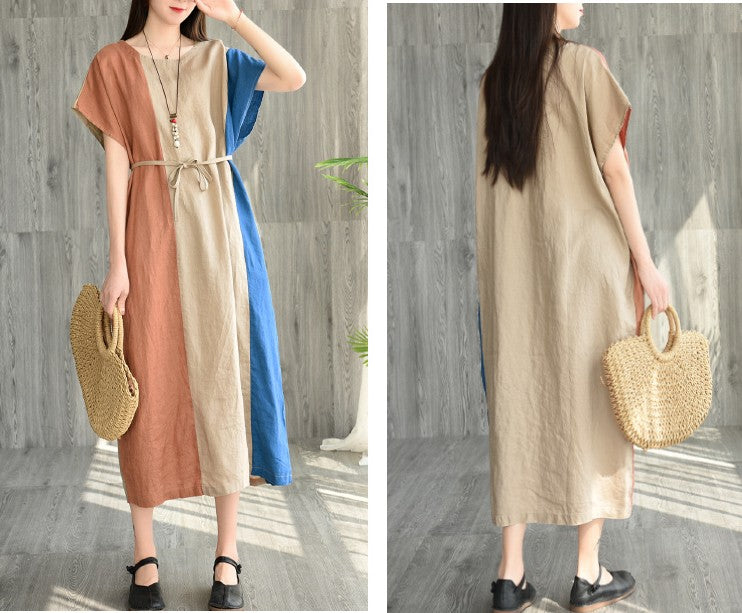 Colorblock Loose Lace Short-Sleeved Linen Dress