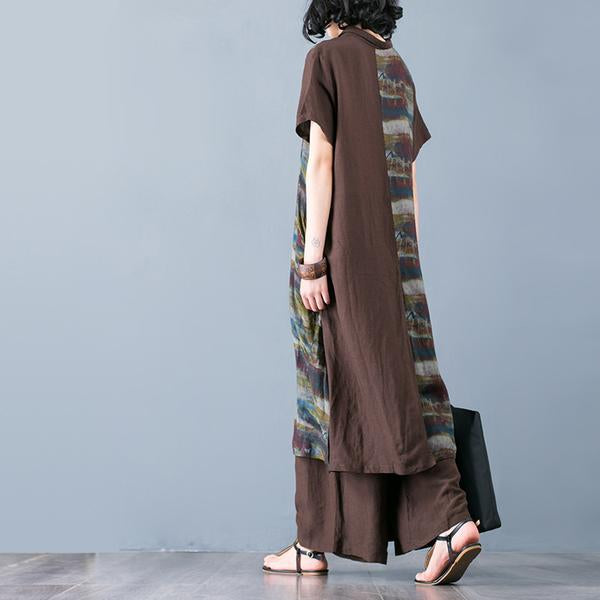 Summer Casual Patchwork Shirt And Wide Leg Pants Two Piece Set