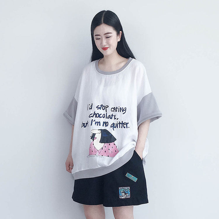 Cartoon And Letter Printed Spliced T-Shirt