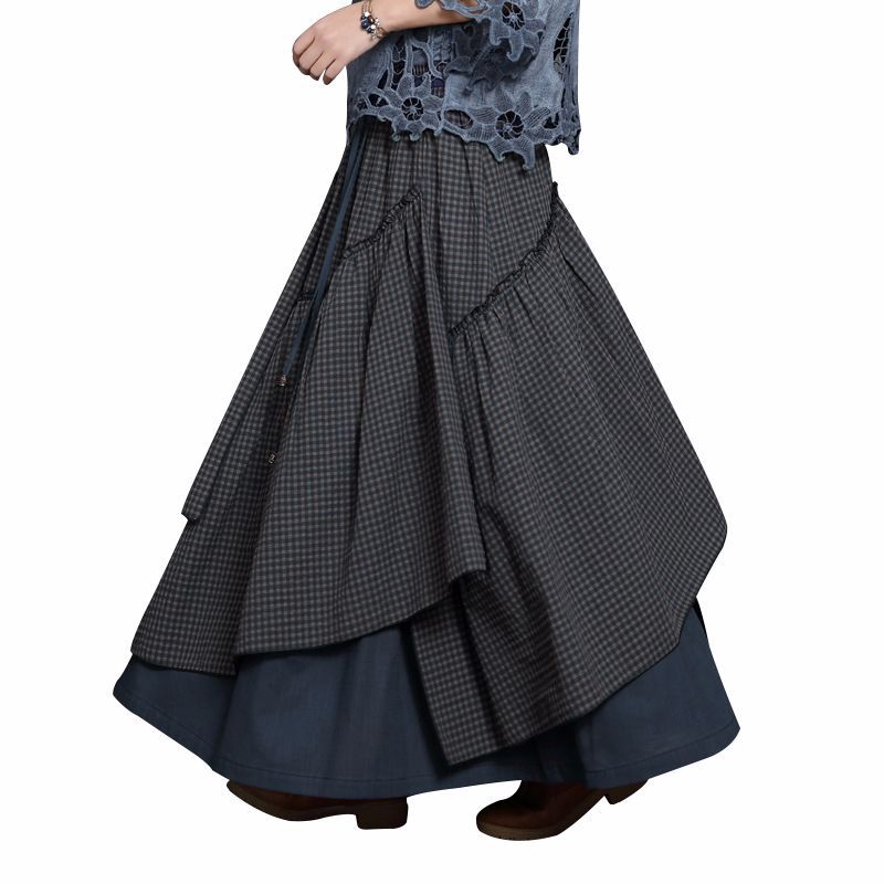 Ethnic Style Skirt High Waist Plaid Irregular Large Swing Skirt